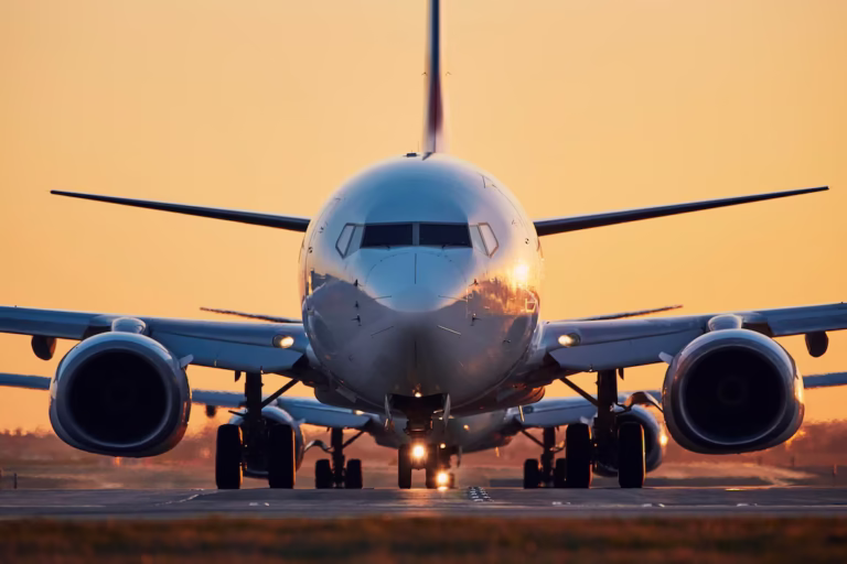 airplane airport runway against clear sky sunset